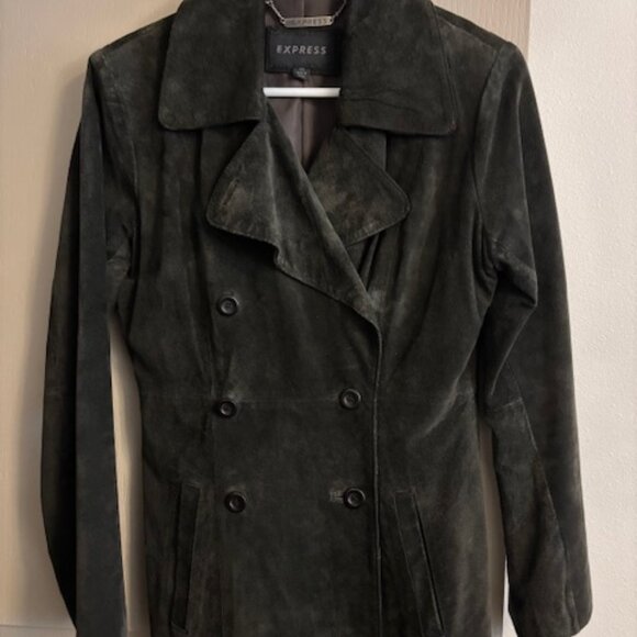 Express XS Dark Chocolate Brown Suede Women's Double Breasted Trench Coat 29" - Picture 2 of 11